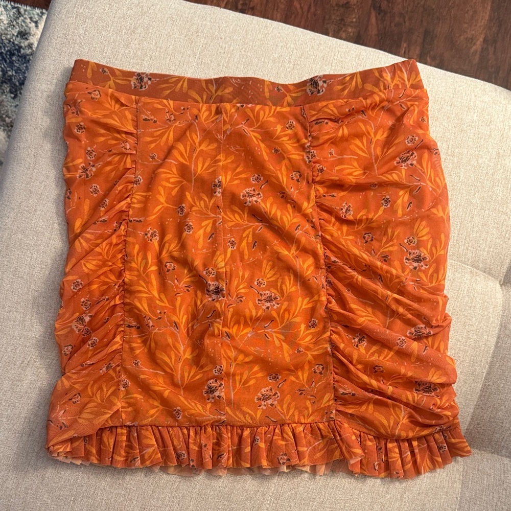Free People Orange Floral Ruffle Hem Mini Skirt